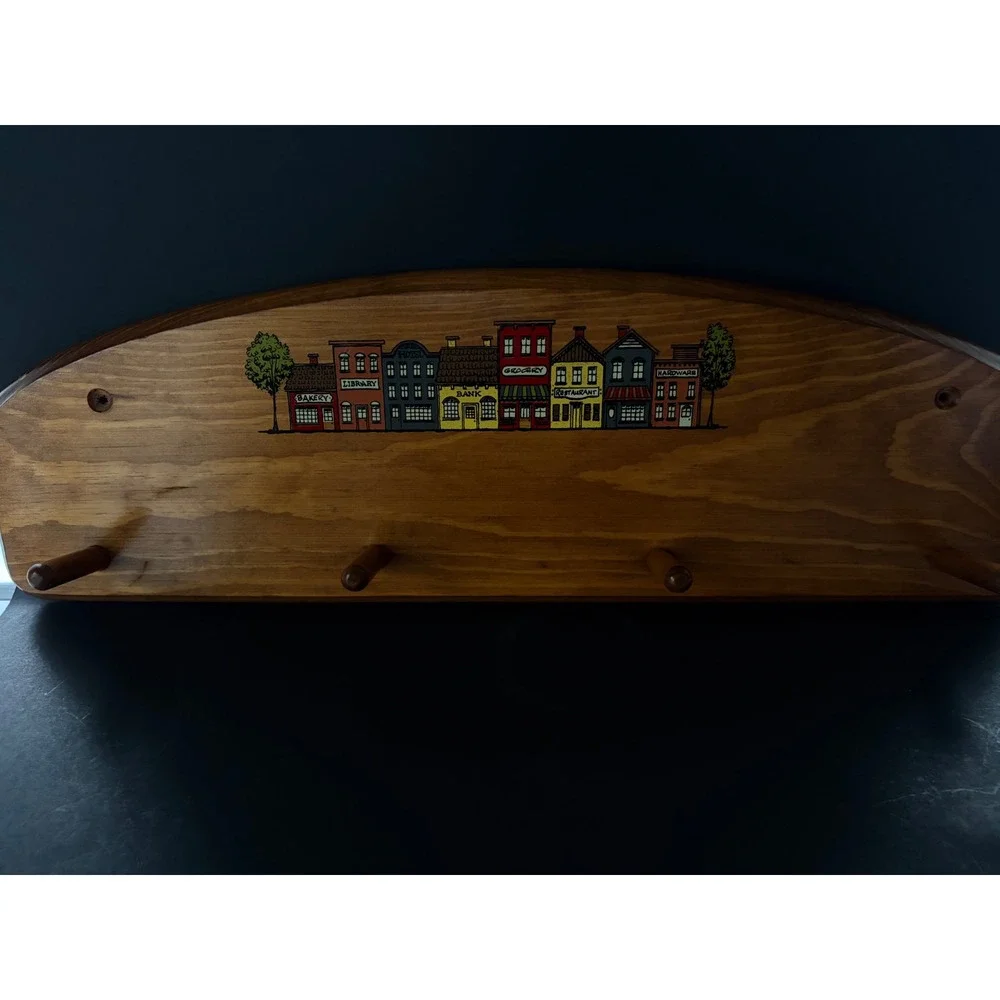 Vintage Wood Wall Rack 4 Shaker Pegs Hand Painted Village Scene Arched 20 Inch